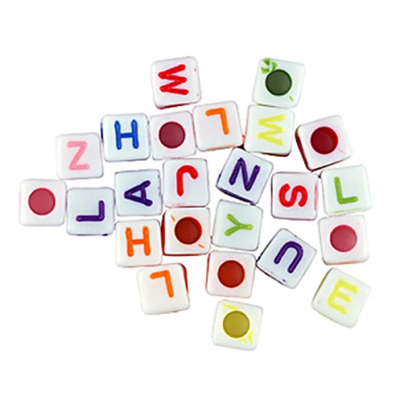 White with Assorted Colour Letters Alphabet Cube Beads